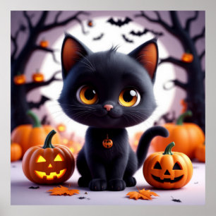 Svart katt bland pumpor för Halloween-dekoration � Poster