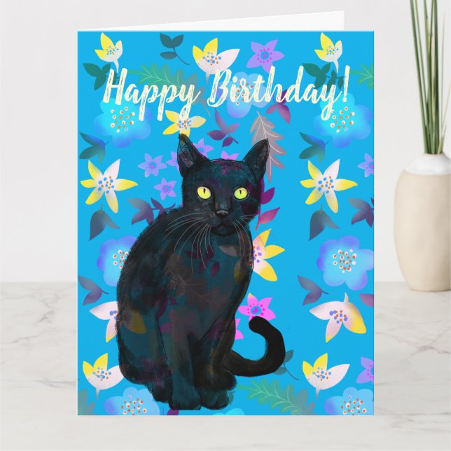 svart katt blomkort kort (Framsida)