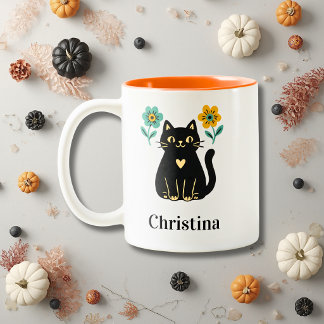 Svart Katt Blommig Halloween Två-Tonad Mugg