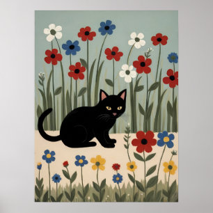 Svart Katt Blommig Konst Söt Botanisk Väggdekor Po Poster