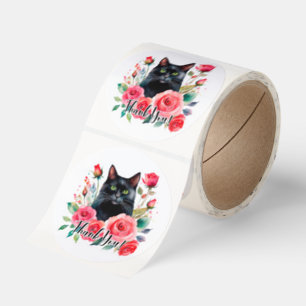 Svart Katt Blommig Liten Företag Tack  Runt Klistermärke