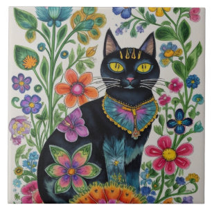 Svart katt, blommor, fjärilar, infödd konst kakelplatta