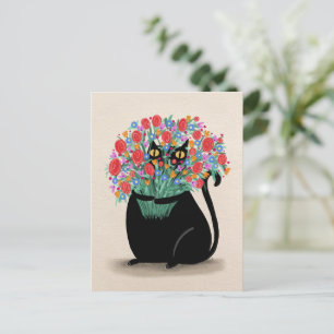 Svart katt & blommor vykort