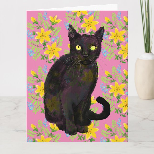 svart katt blomster kort (Framsida)