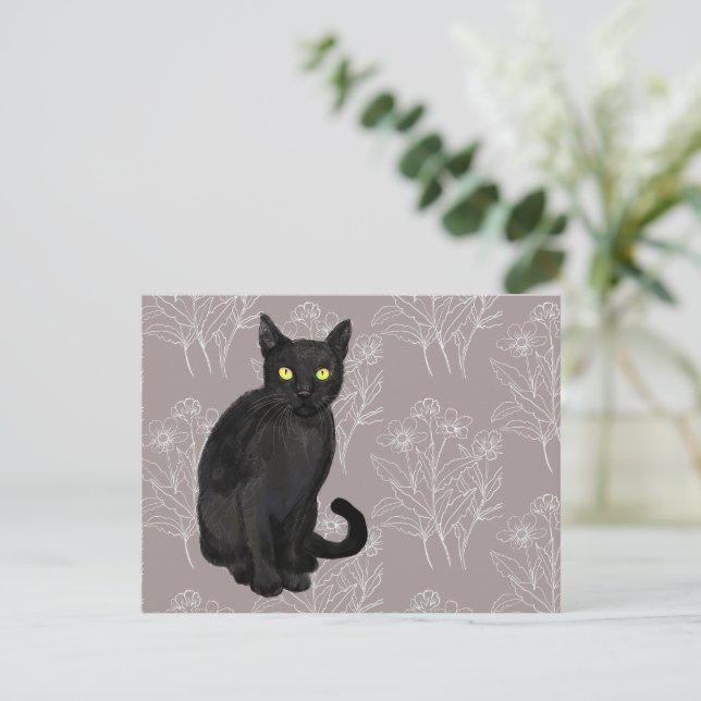 svart katt blomsterbakgrund vykort (Stående Fram)