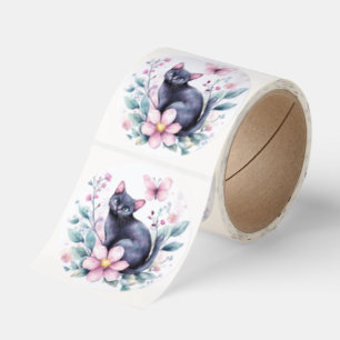 svart katt blomstermärkrulle runt klistermärke