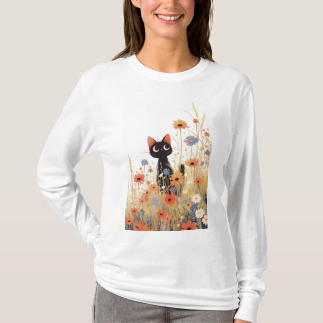 Svart katt blomsteroase t shirt (Framsida)