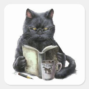 Svart katt bokälskare bokorm kaffe läsning kattung fyrkantigt klistermärke