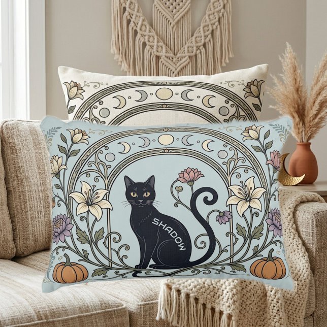 Svart Katt Botanisk Konst Pastellgrön Halvmåne Prydnadskudde (Black Cat Botanical Art Pastel Green Moon Crescent Accent Pillow)