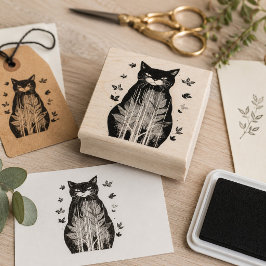 Svart Katt Botanisk Konst Whimsical Gotisk Kattäls Stämpel