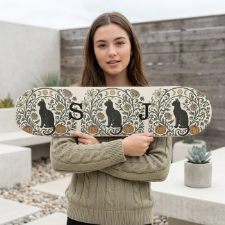 Svart katt botanisk månfas höstpumpakrans mini skateboard bräda 18,5 cm