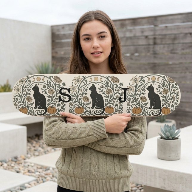Svart katt botanisk månfas höstpumpakrans mini skateboard bräda 18,5 cm (Black Cat Botanical Moon Phase Fall Pumpkin Wreath Skateboard)