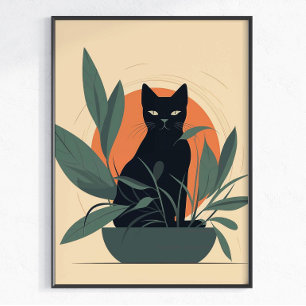 Svart Katt Botanisk Minimal Växtälskare Poster