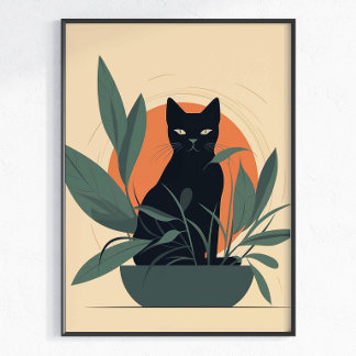 Svart Katt Botanisk Minimal Växtälskare Poster
