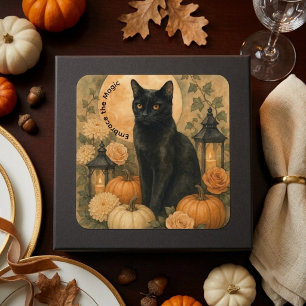 Svart Katt Botanisk Vintage Halloween Pumpa Konst Fyrkantigt Klistermärke
