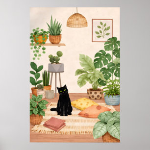 Svart Katt Botaniskt Tryck, Mysig Boho Växtvägg Poster