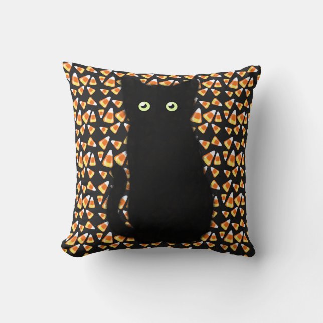 Svart katt, Candy corn mönster, Halloween roligt Kudde (Framsida)