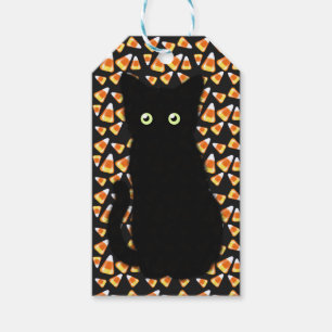 Svart katt, Candy corn mönster, Halloween roligt Presentetikett