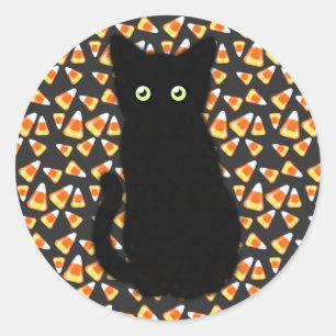 Svart katt, Candy corn mönster, Halloween roligt Runt Klistermärke
