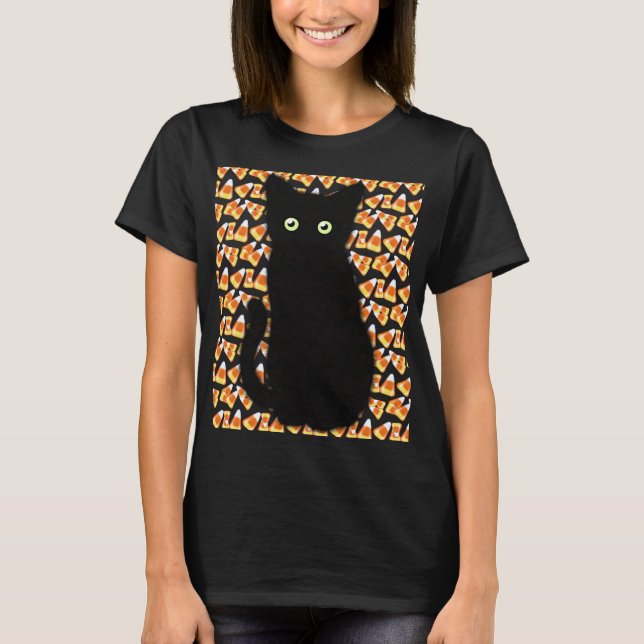 Svart katt, Candy corn mönster, Halloween roligt T Shirt (Framsida)