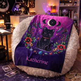 Svart Katt Celestial Mystisk Lila Rosa Fleecefilt