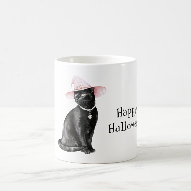 Svart Katt Chic Rosa Hatt Halloween Kaffemugg (Center)