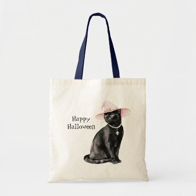 Svart Katt Chic Rosa Hatt Halloween Tygkasse (Framsidan)