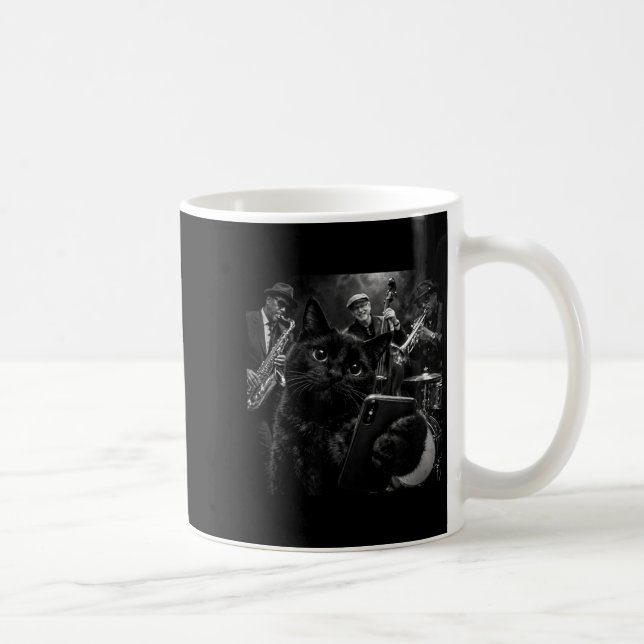Svart Katt Cool Jazz Band Selfie Grafik Kaffemugg (Höger)