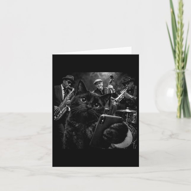 Svart Katt Cool Jazz Band Selfie Grafik Kort (Framsida)