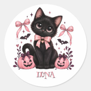 Svart Katt Coquette, Katt Halloween  Runt Klistermärke