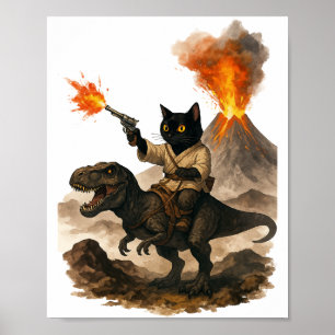 Svart katt cowboy ridande dinosaurie – Bläck akvar Poster