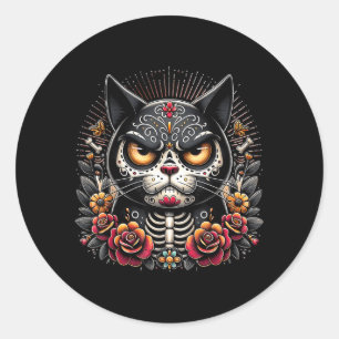 Svart Katt Dia De Los Muertos Grinig Svart Katt Runt Klistermärke