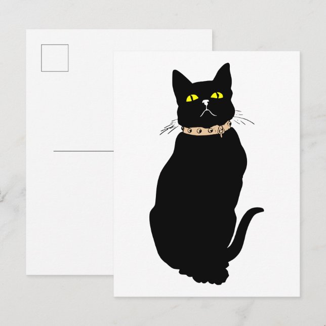 Svart katt, djurillustration vykort (Fram/baksida)