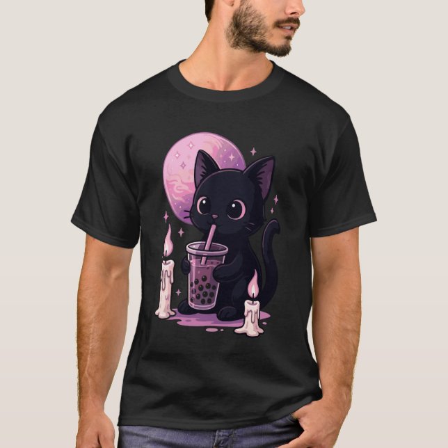 Svart katt dricker Boba Goth bubbeltea T Shirt (Framsida)