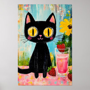 Svart katt dricker jordbärsjuice poster