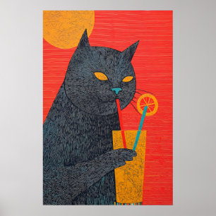 Svart Katt Dricker Juice Konsttryck Excentrisk Gic Poster