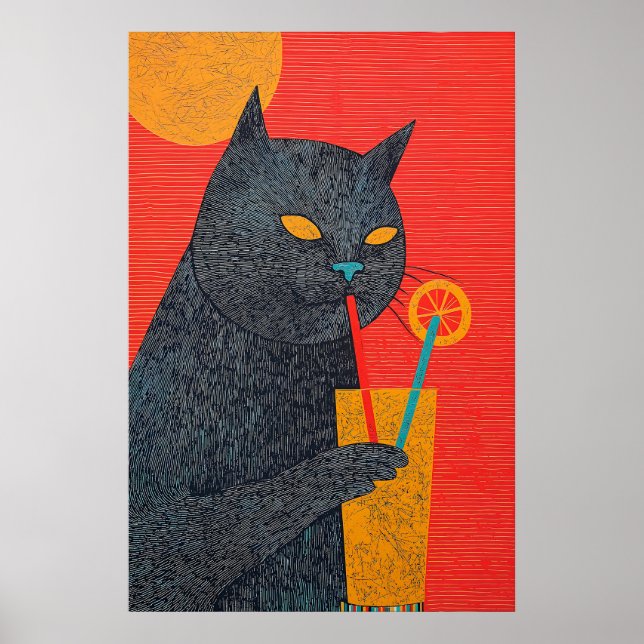 Svart Katt Dricker Juice Konsttryck Excentrisk Gic Poster (Framsidan)
