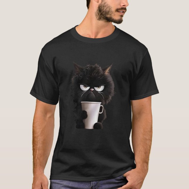 Svart katt Dricker kaffe Print Långärmad T Shirt (Framsida)