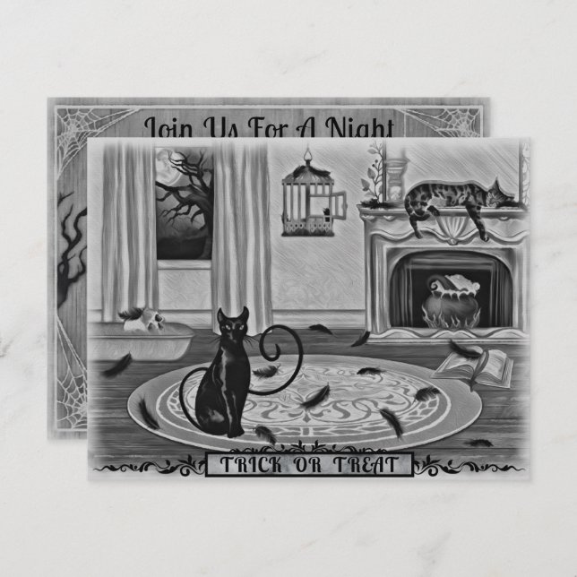 Svart katt, fågel saknas, MisChief Halloween fest Inbjudningar (Fram/baksida)