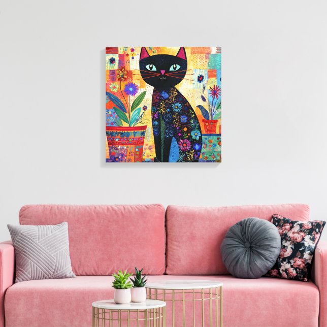 Svart katt Färgrik och fantasifull konst, Canvastryck (Insitu (Vardagsrum))