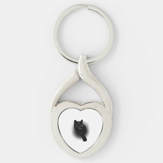 Svart Katt Fejlnaglar Twisted Heart Silverfärgad Nyckelring (Framsidan)