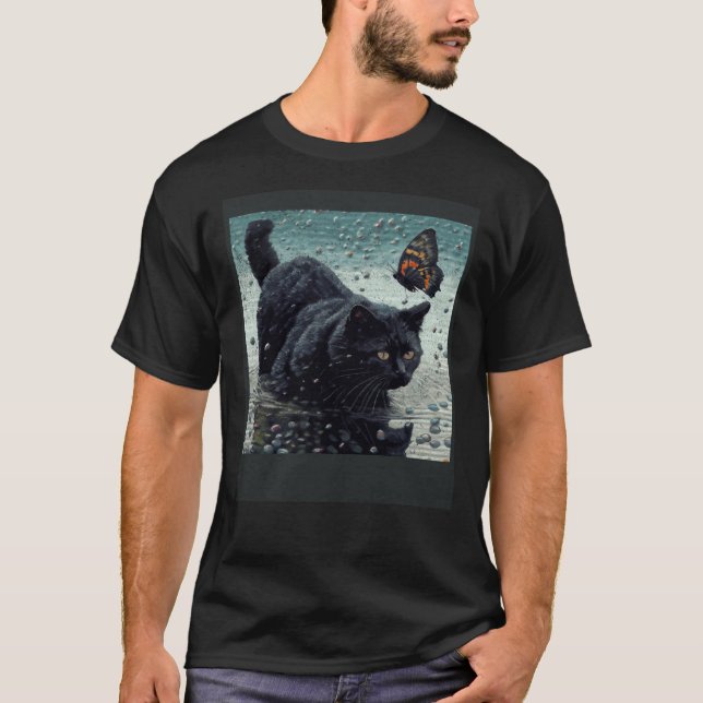 Svart Katt Fiskar Fjäril T Shirt (Framsida)