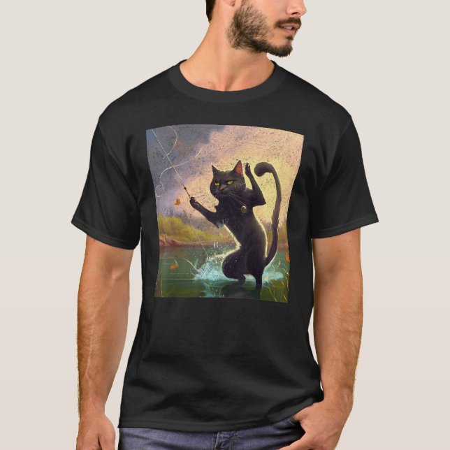 Svart Katt Fiske Dabbing Dans T Shirt (Framsida)