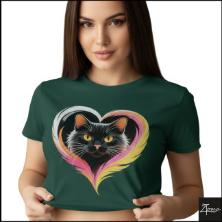 Svart Katt Fjäder Hjärtan Neon Pop Art T Shirt