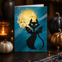 Svart katt | Fladdermus katt | Elegant Halloween-k Helgkort