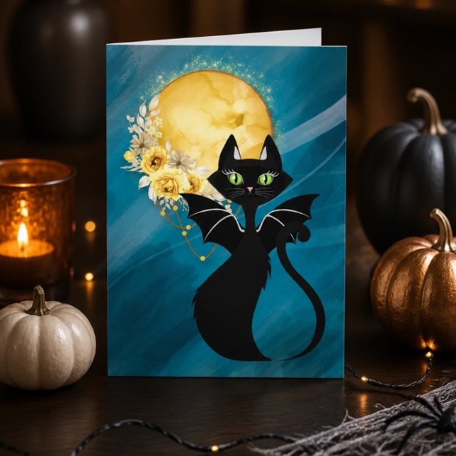 Svart katt | Fladdermus katt | Elegant Halloween-k Helgkort (Skapare uppladdad)