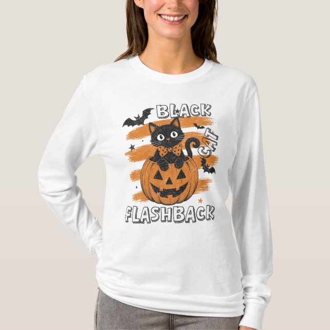 Svart katt Flashback Halloween T Shirt (Framsida)