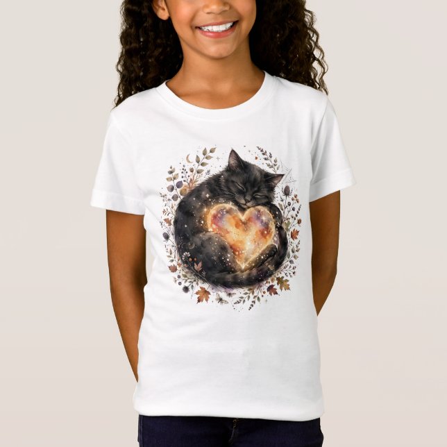 Svart Katt Flickor Barn T-Shirt (Framsida)