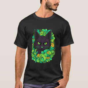 Svart Katt Floral Botanisk Krans Estetik T Shirt