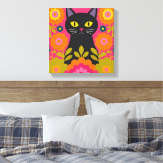 Svart Katt Folk Art Canvastryck Färgrik Skandinavi